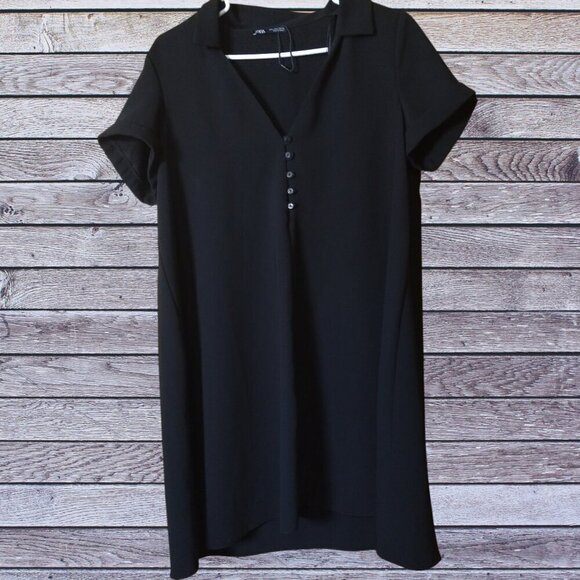 Zara Dresses & Skirts - Zara Women's Large Short Sleeve Black Shirt Dress Partial Button Front READ
